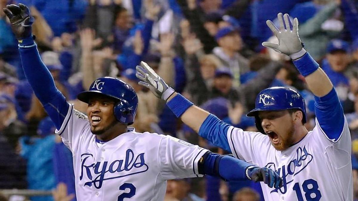 After Alcides Escobar crossed home plate with an inside-the-park home run, he celebrated with Royals second baseman Ben Zobrist, who followed Escobar in the lineup.