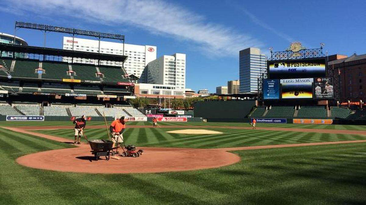
Crews on Thursday prepared the field for Game 1 of the ACLS in Baltimore, but rain is likely on Friday.
