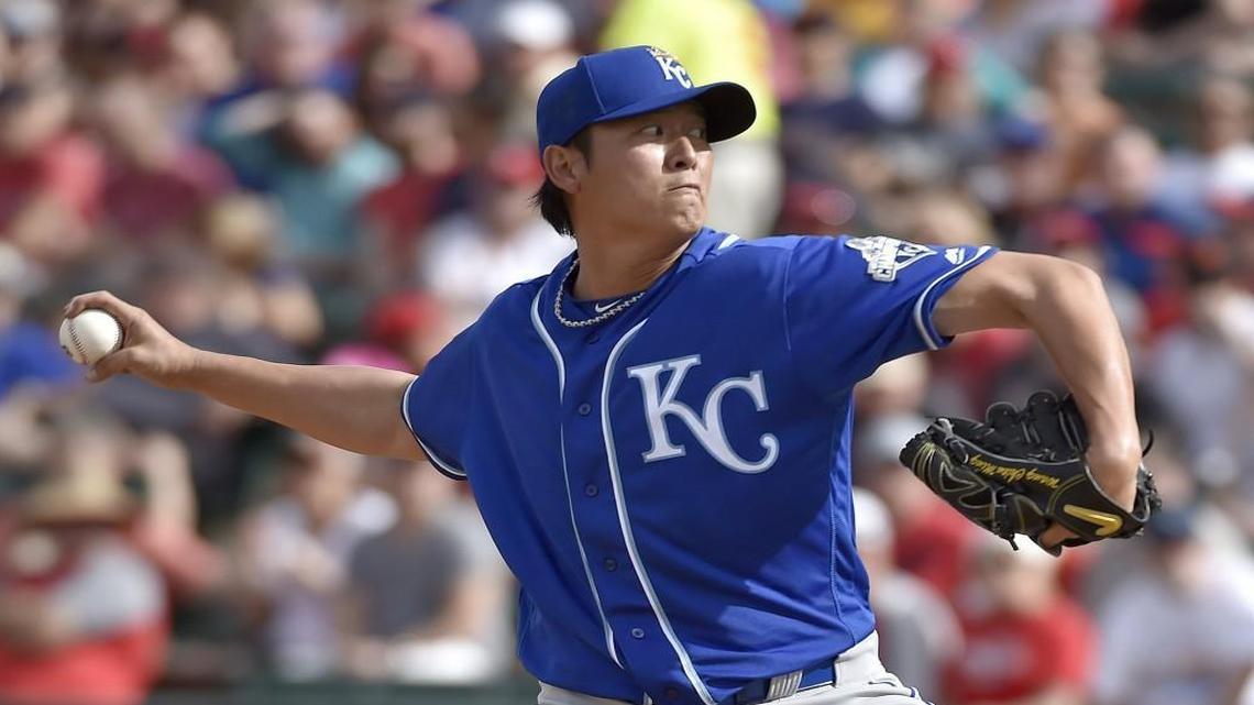 Royals pitcher Chien-Ming Wang throws during a spring training baseball game last month against the Angels in Tempe, Ariz.