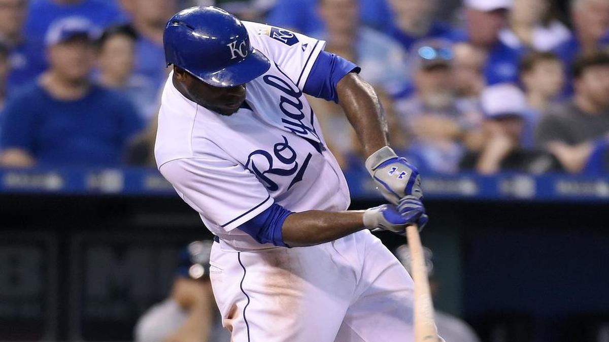 
The Royals' Lorenzo Cain connected on an RBI triple to score Mike Moustakas in the fifth inning against the Milwaukee Brewers on June 17, 2015, at Kauffman Stadium.
