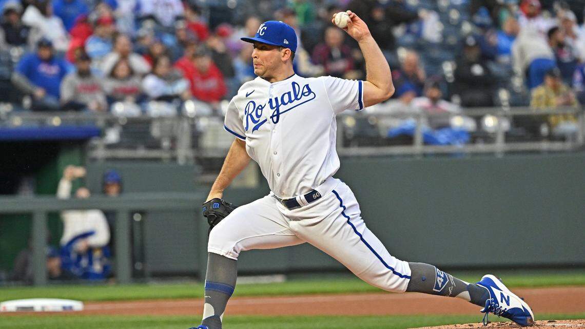 Kansas City Royals starting pitcher Kris Bubic (50) delivers a pitch during the first inning against the Atlanta Braves at Kauffman Stadium on Apr. 15, 2023.