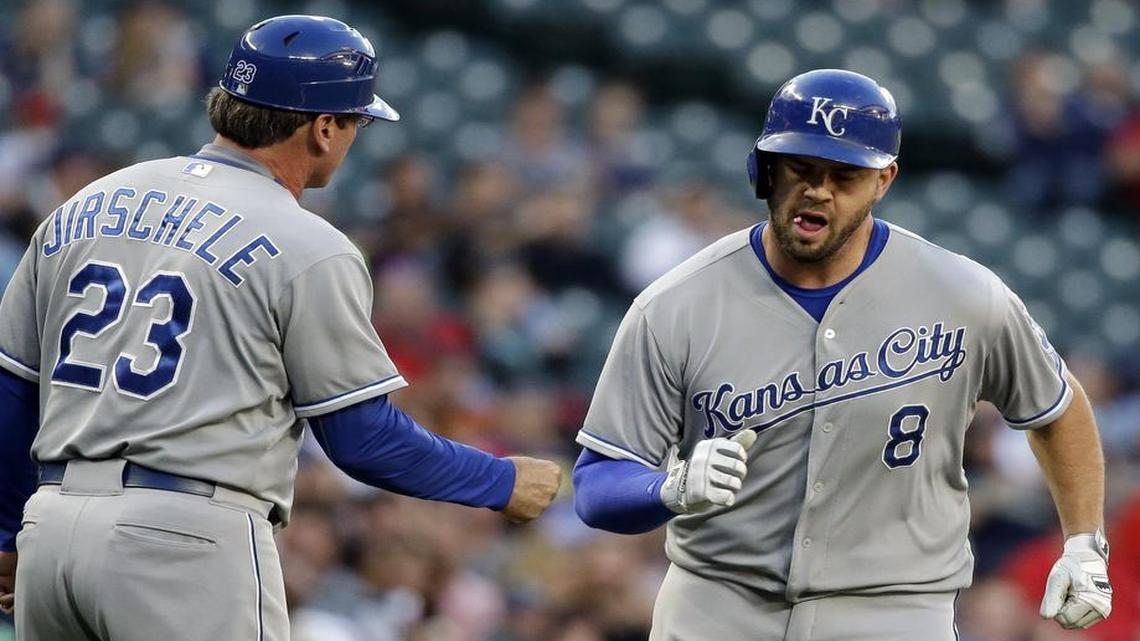 
Royals third baseman Mike Moustakas was congratulated on his two-run home run against the Seattle Mariners by third base coach Mike Jirschele during a game last month.
