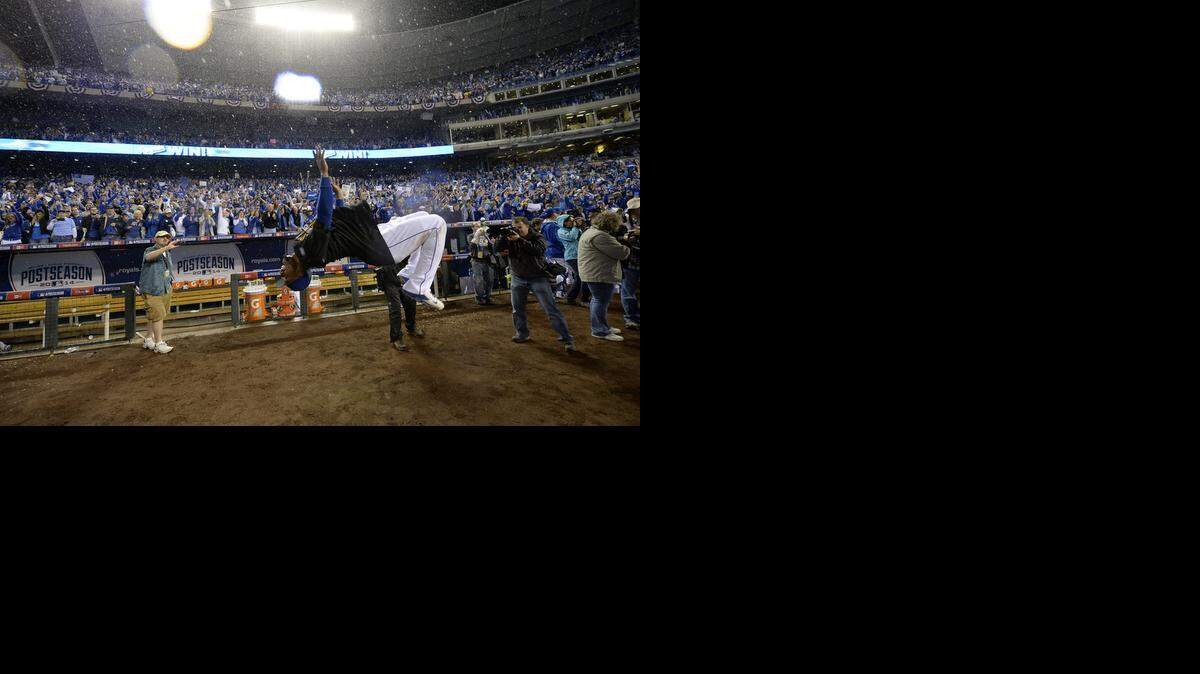 
Kansas City Royals center fielder Jarrod Dyson (1) did a back-flip as the team celebrated their ALDS sweep during Sunday's baseball game on October 5, 2014 at Angels Stadium at Kauffman Stadium.
