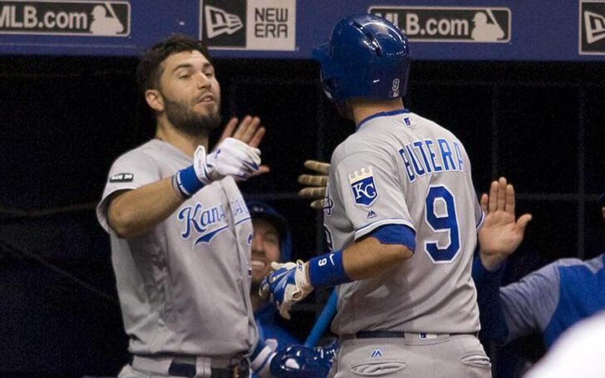 The Royals’ Drew Butera was greeted by teammate Eric Hosmer (left) after Butera’s solo home run against Rays starter Blake Snell in the third inning of Monday’s game in St. Petersburg, Fla.