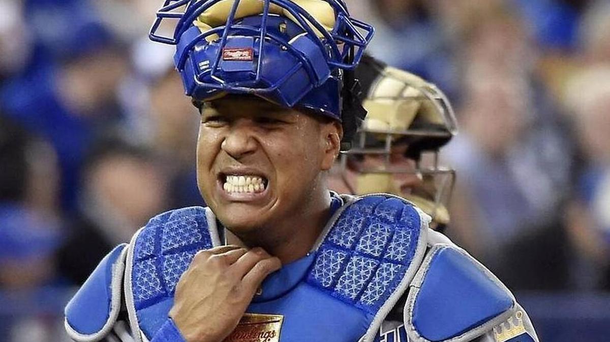 Royals catcher Salvador Perez reacted to being hit by a foul ball in the second inning of Tuesday’s ALCS Game 4 at the Rogers Centre in Toronto.