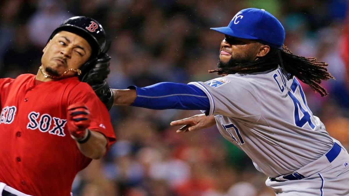 
Royals starting pitcher Johnny Cueto applies the tag to the head of the Red Sox's Mookie Betts as he attempts to leg out a single on a grounder during Friday’s baseball game in Boston.

