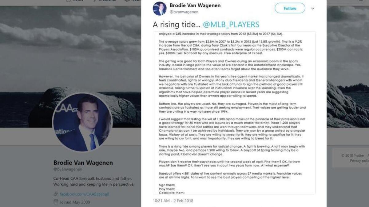 Twitter page of Brodie Van Wagenen, co-head of the baseball division at CAA Sports