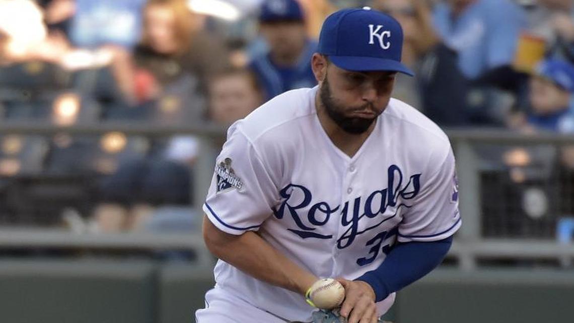 Royals first baseman Eric Hosmer bobbled a grounder by the Tigers’ Miguel Cabrera before throwing him out at first in a game April 21 at Kauffman Stadium.