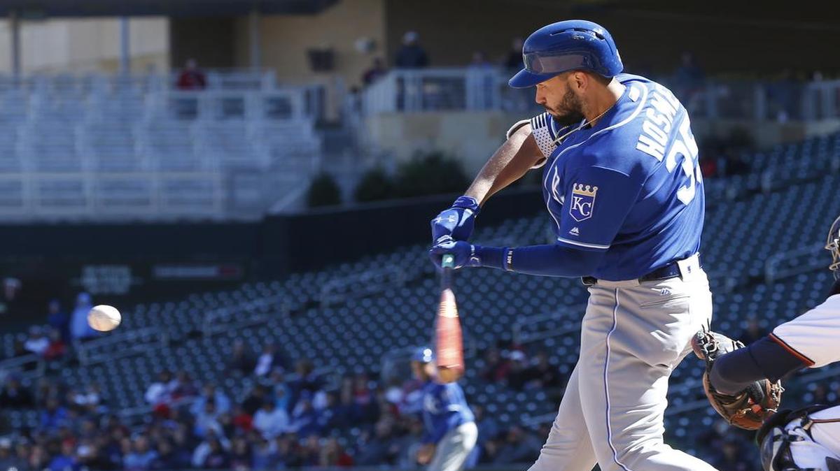 Kansas City Royals' Eric Hosmer bats against the Minnesota Twins in a baseball game Thursday, April 6, 2017, in Minneapolis.