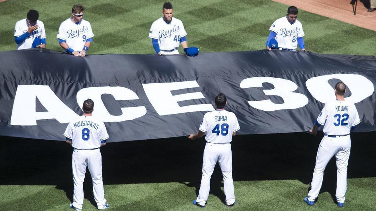 Kansas City Royals players held a banner with Yordano Ventura’s number during a tribute to the late pitcher before an April 10, 2017, game against Oakland at Kauffman Stadium.