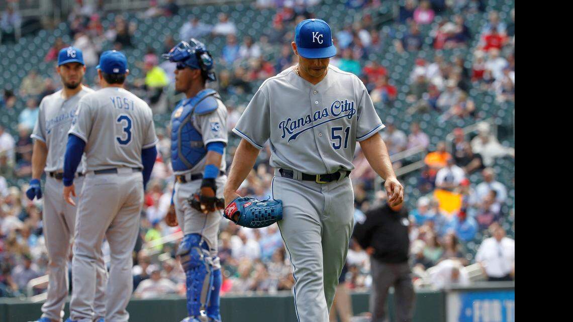 
Royals starter Jason Vargas left Thursday afternoon’s game in the fourth inning and was replaced by reliever Jason Frasor. The Royals lost the game in Minnesota, 8-5.
