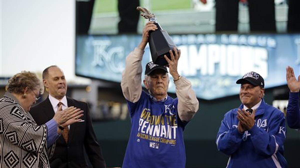 
Kansas City Royals owner David Glass held up the trophy after the Royals defeated the Baltimore Orioles 2-1 in Game 4 of the 2014 American League Championship Series. The Royals advanced to the World Series. 