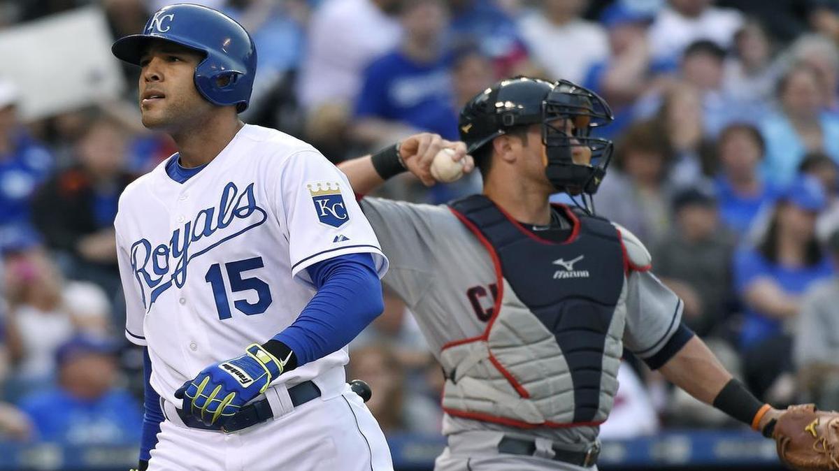 
The Royals’ Alex Rios (15) walked back to the dugout after striking out in the second inning against the Cleveland Indians on Tuesday night at Kauffman Stadium. The Royals managed to score only one run in the 2-1 loss to Cleveland in the first game of a three-game series.
