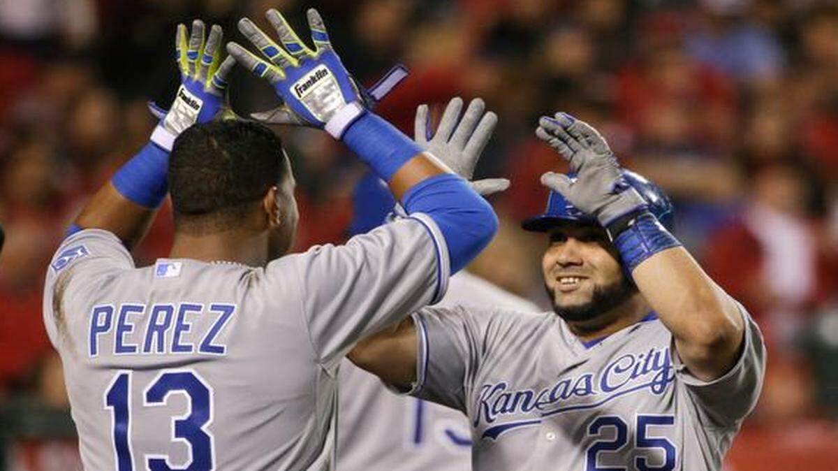 
Royals designated hitter Kendrys Morales (right) celebrated his home run with Salvador Perez during Friday’s baseball game against the Angels in Anaheim, Calif.
