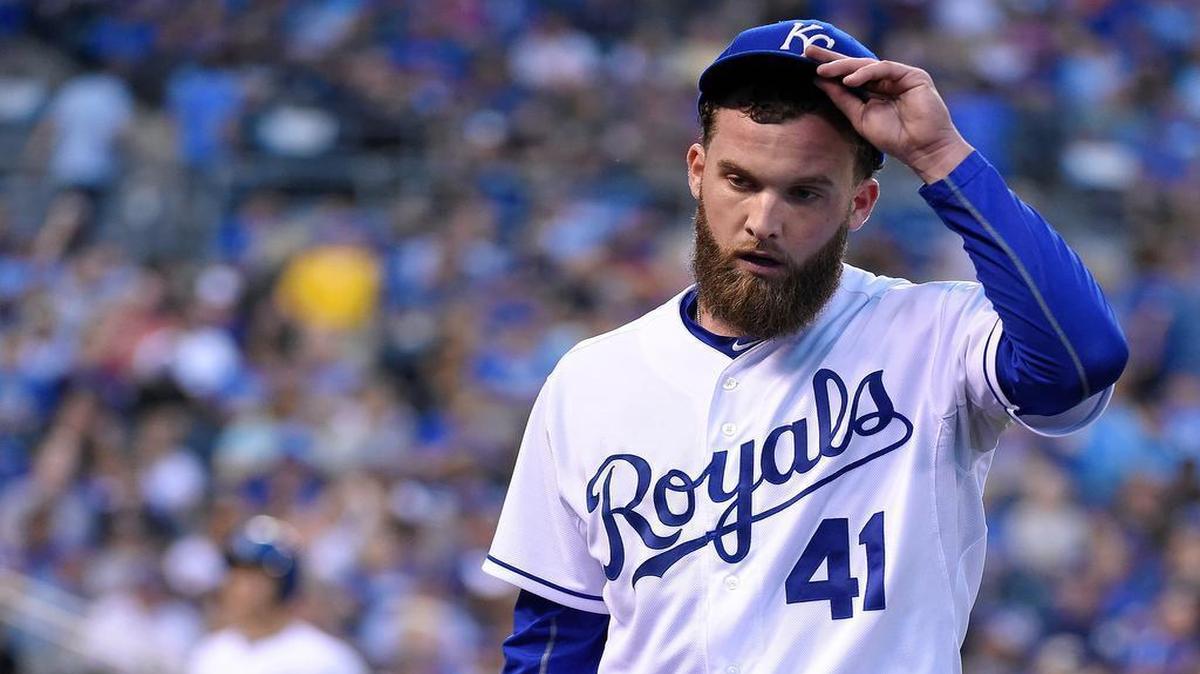 
Royals starting pitcher Danny Duffy (41) walked off the field at the end of the fifth inning of Saturday night’s game against the New York Yankees at Kauffman Stadium.
