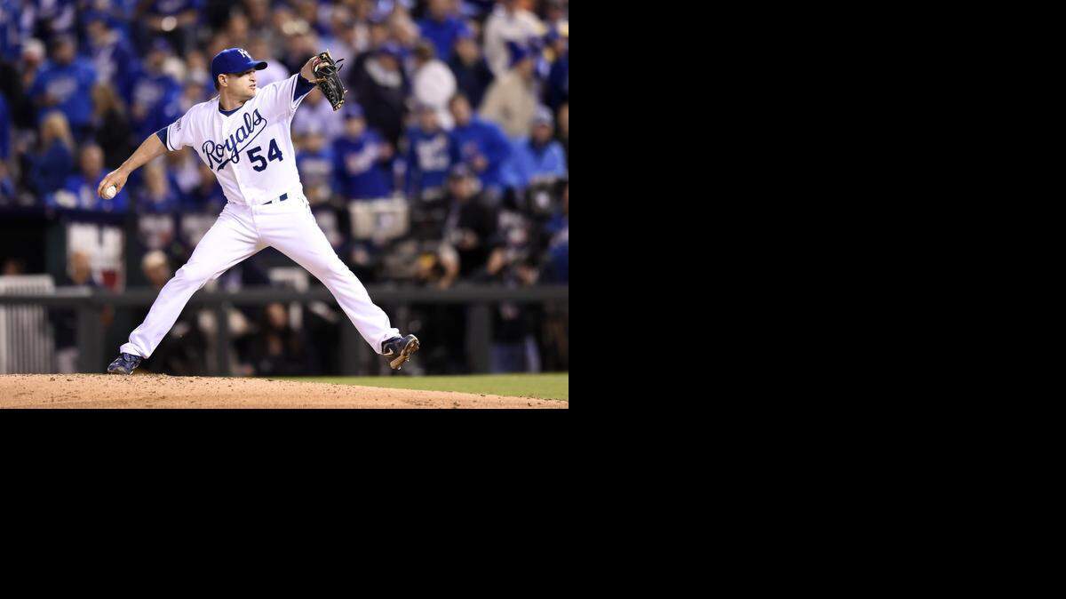 
Kansas City Royals relief pitcher Jason Frasor threw in the eighth inning in game six of the World Series on Tuesday, October 28, 2014, at Kauffman Stadium in Kansas City, Mo.
