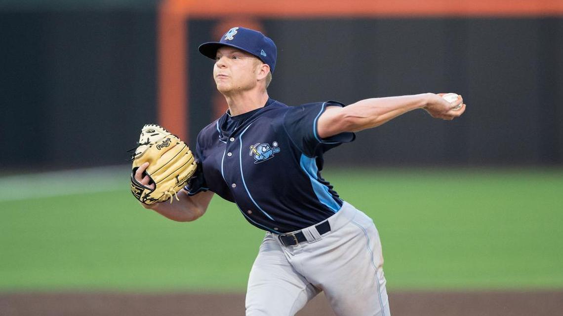 Wilmington Blue Rocks relief pitcher Richard Lovelady (14) in action against the Buies Creek Astros at Jim Perry Stadium on April 29, 2017, in Buies Creek, North Carolina.