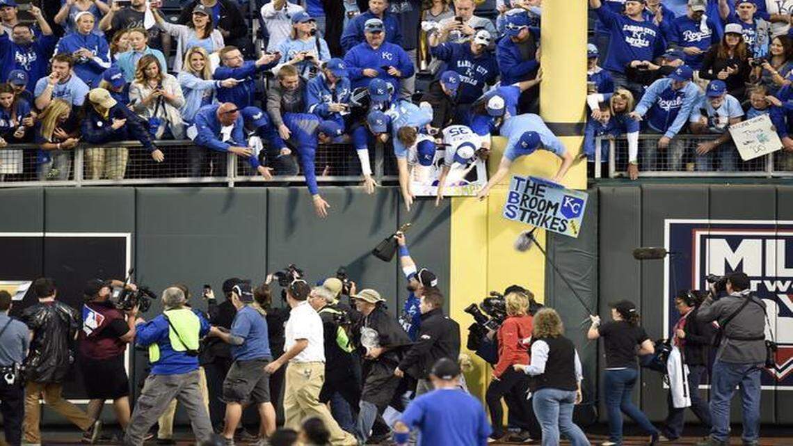 
Kansas City Royals left fielder Alex Gordon hoisted the American League championship trophy up to fans along the outfield wall after the Royals beat the Orioles in the AL Championship Series last October.
