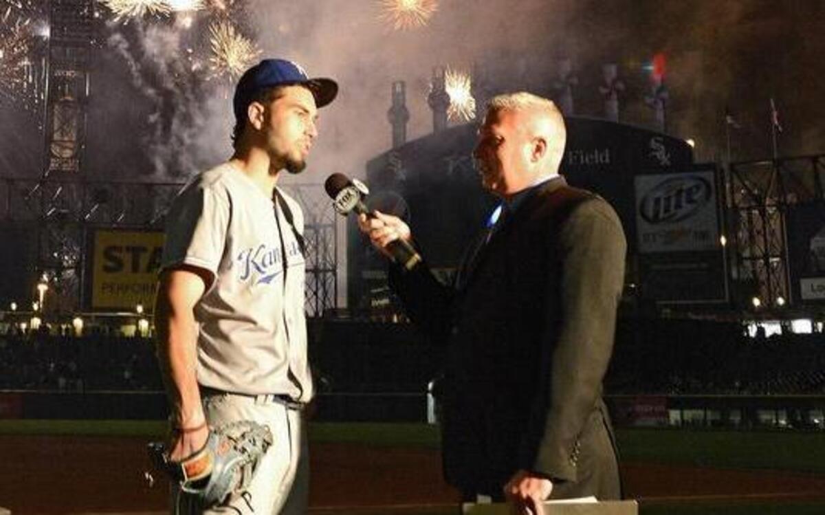 Royals broadcaster Joel Goldberg interviewed first baseman Eric Hosmer after a game against the White Sox in Chicago. Goldberg will call games this season for UMKC basketball and the Missouri Mavericks hockey team.