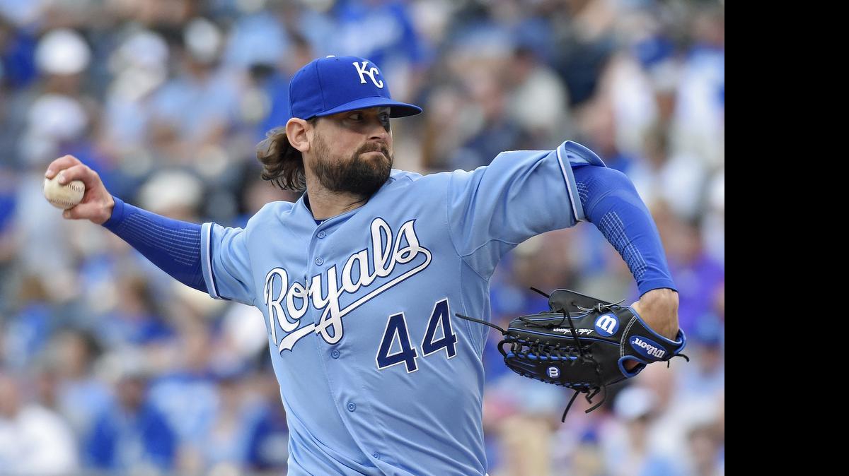 
Royals relief pitcher Luke Hochevar (44) throws in the sixth inning during Thursday's baseball game against the Indians at Kauffman Stadium.
