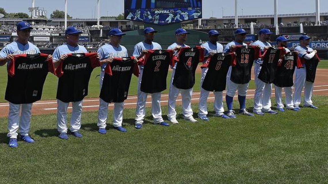 
Kansas City Royals players and coaches joined All-Star manager Ned Yost on the field with their 2015 All-Star jerseys before Saturday’s baseball game against the Toronto Blue Jays on Saturday at Kauffman Stadium.
