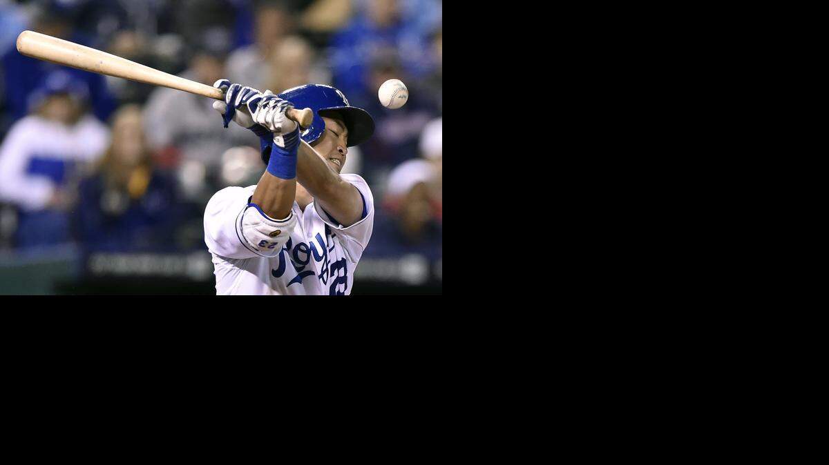 
Kansas City Royals' Norichika Aoki (23) fouls the ball off for strike two in the ninth inning during Thursday's baseball game against the Boston Red Sox on September 11, 2014 at Kauffman Stadium in Kansas City, Mo.
