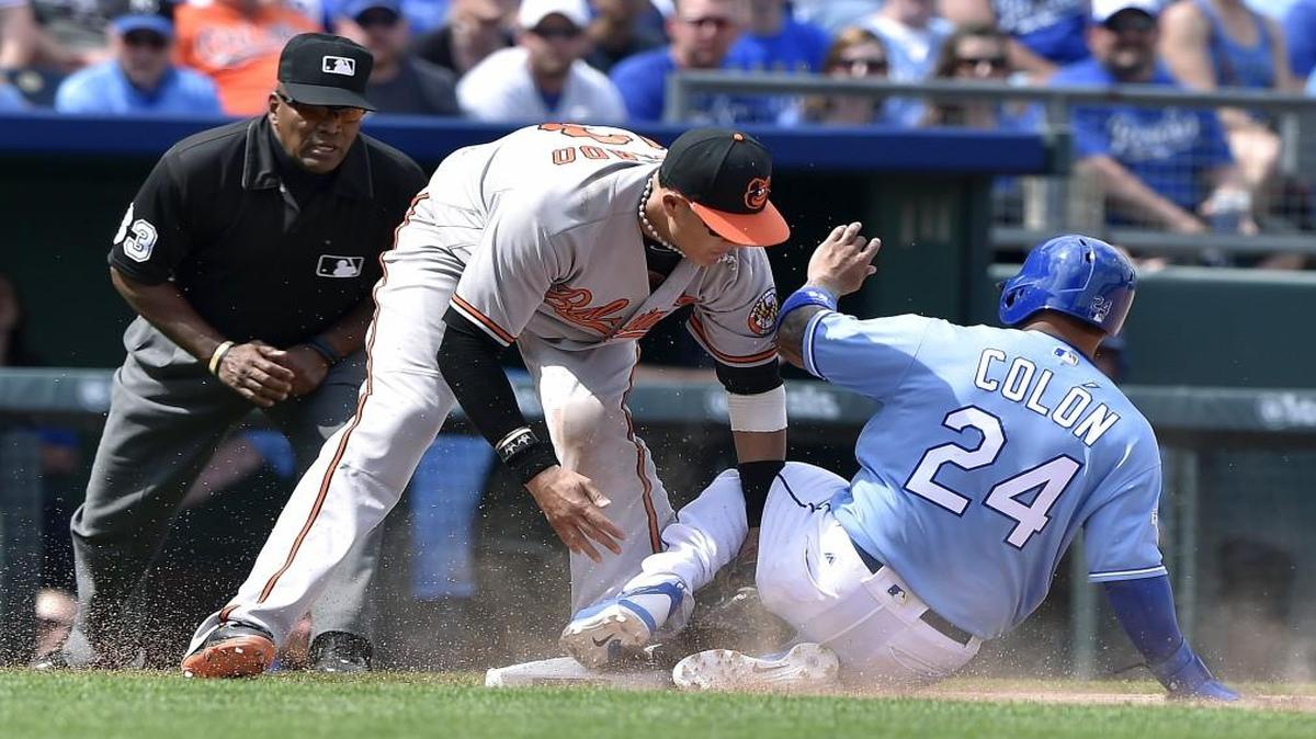 Kansas City Royals infielder Christian Colon was tagged out during a game against Baltimore in April.