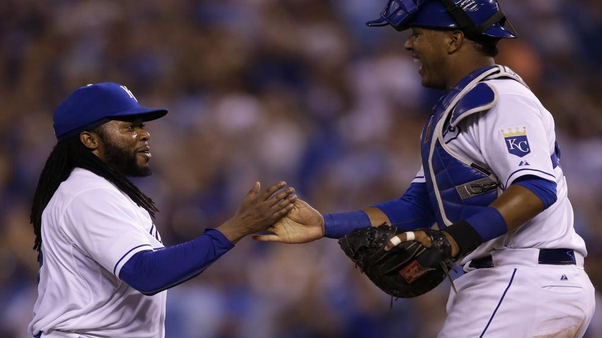
Royals pitcher Johnny Cueto (left) suggested some changes to the way catcher Salvador Perez sets up behind the plate and the result was a better start than Cueto’s previous five, when he posted a plus-9.00 ERA.

