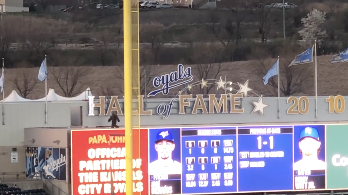 A “Sasquatch” walks atop the Royals Hall of Fame in left field at Kauffman Stadium following a Vinnie Pasquantino hit on Monday, April 3, 2023. The Royals started a new tradition this year for the Sasquatch to appear when Pasquantino — his nickname is “Pasquatch” — gets on base.