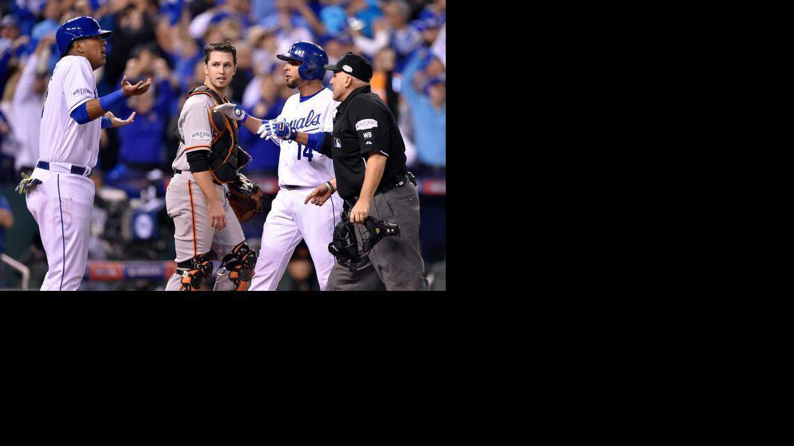 
Kansas City Royals catcher Salvador Perez was confused by home plate umpire Eric Cooper's warning to him while Kansas City Royals second baseman Omar Infante came in on a home run he hit in the sixth inning that drove in Perez in game two of the World Series on Wednesday. Cooper had advised Perez to let Infante make it to base before coming out to greet him any closer.
