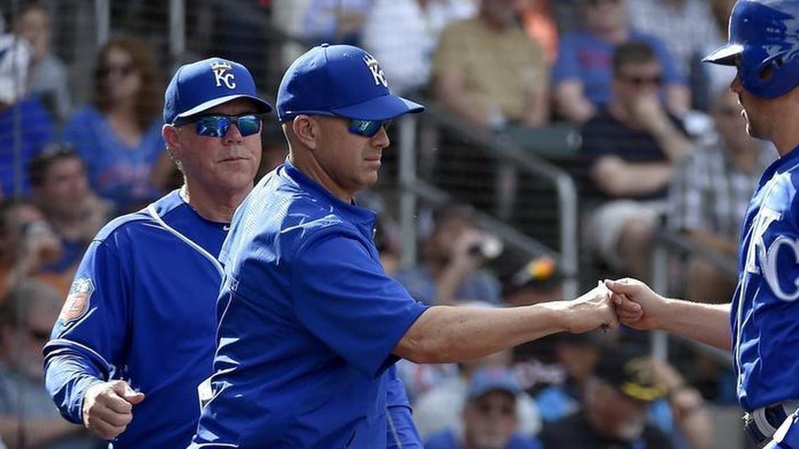 Royals manager Ned Yost (left) will have a new quality control coach in Pedro Grifol (second from left), who will add that role to his current duty as catching coach.