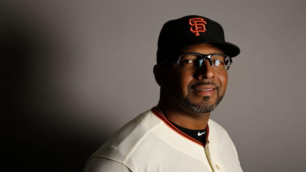 This is a 2017 photo of first base coach Jose Alguacil of the San Francisco Giants baseball team poses for a portrait.