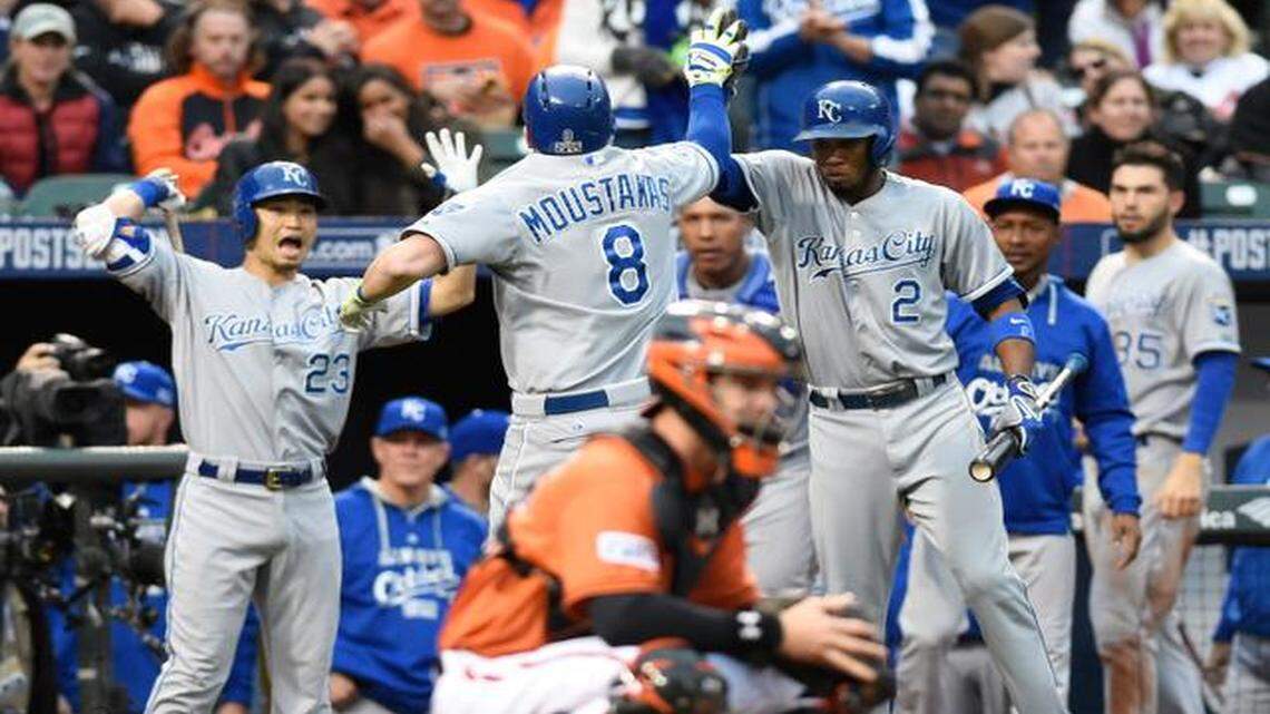 
Mike Moustakas celebrated with his Royals teammates after hitting a solo home run in the fourth inning against the Baltimore Orioles in Saturday’s American League Championship Series game two Saturday in Baltimore.
