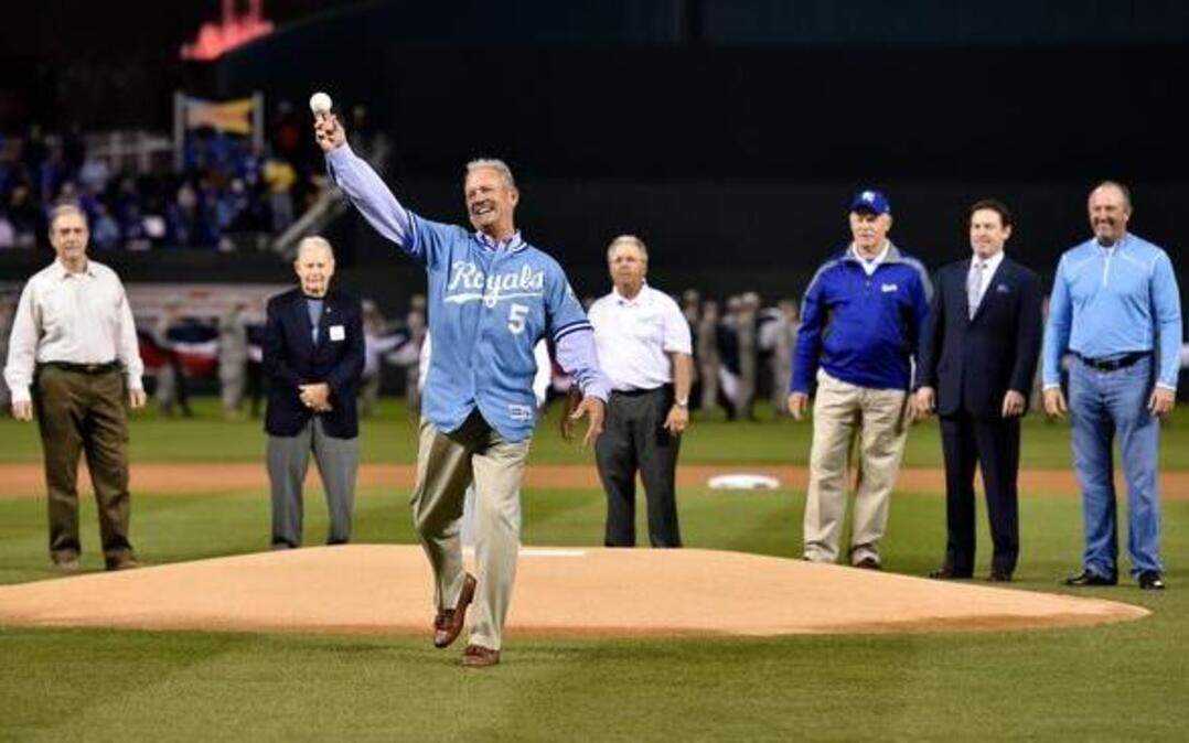 
Royals legend George Brett had the honor of throwing out the first pitch before game three of the American League Championship Series, , throwing a strike to Royals catcher Erik Kratz.