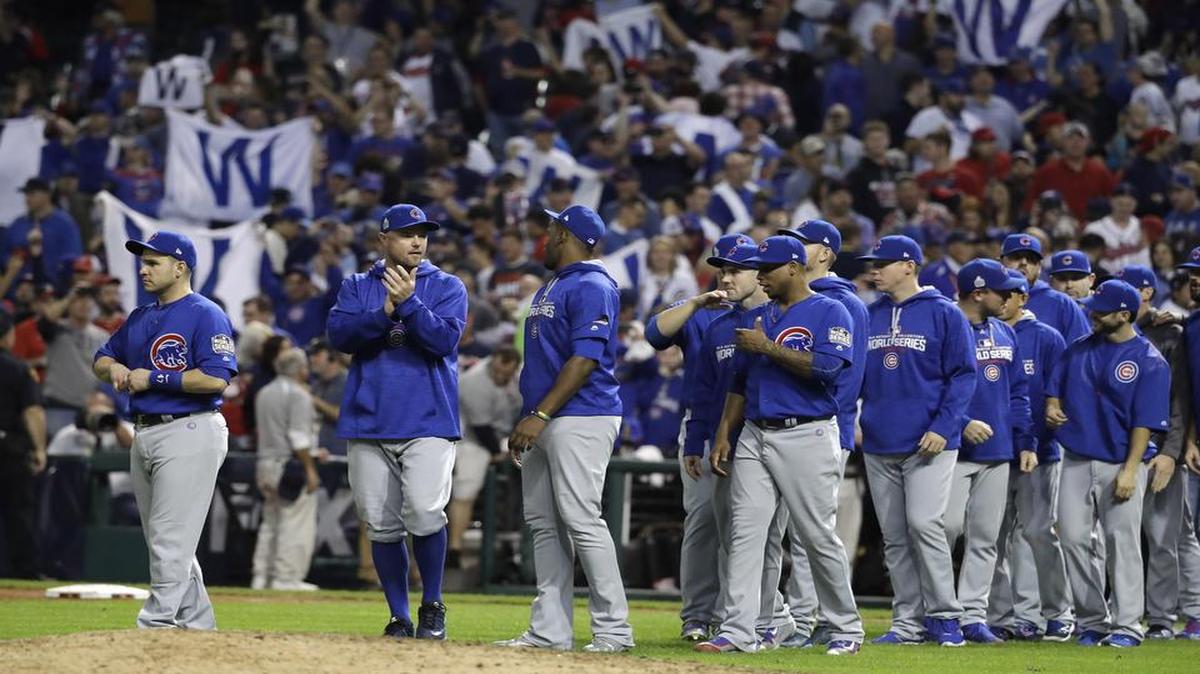 The Cubs celebrated their 9-3 win against the Indians Tuesday night in Game 6 of the World Series at Progressive Field in Cleveland.