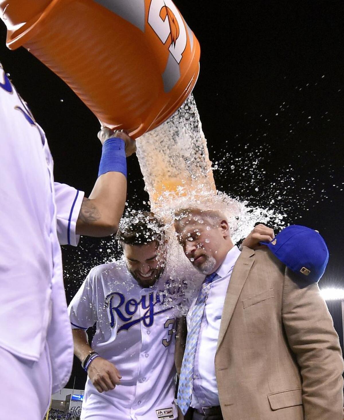 Fox Sports Kansas City’s Joel Goldberg got wet along with Eric Hosmer on this Salvy Splash.