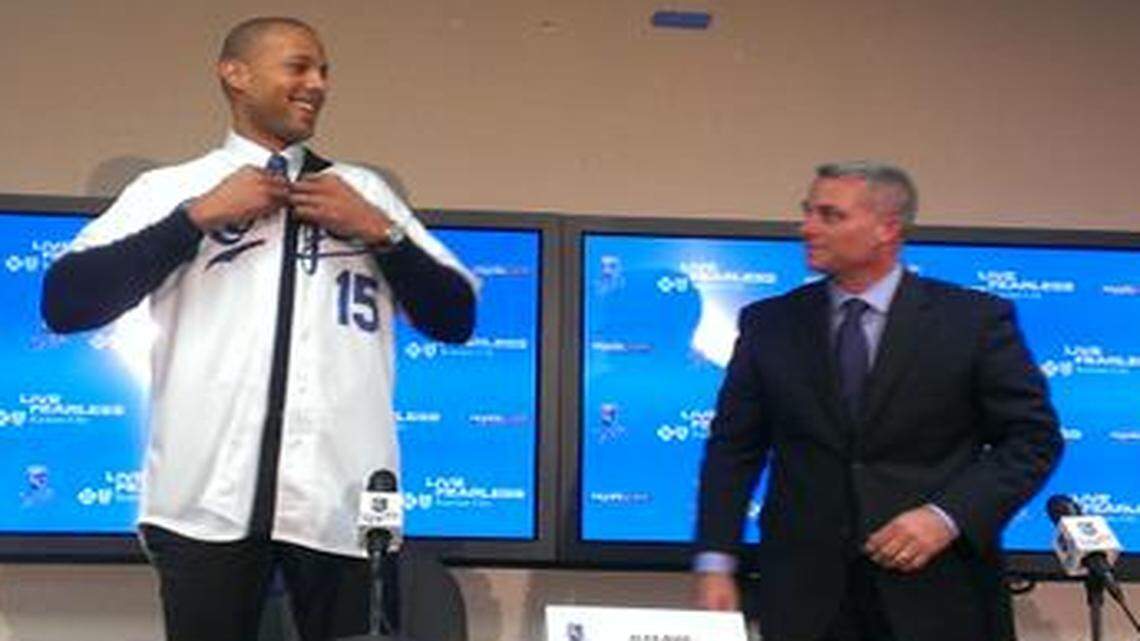 
Alex Rios put on a Royals jersey in Kansas City on Friday.
