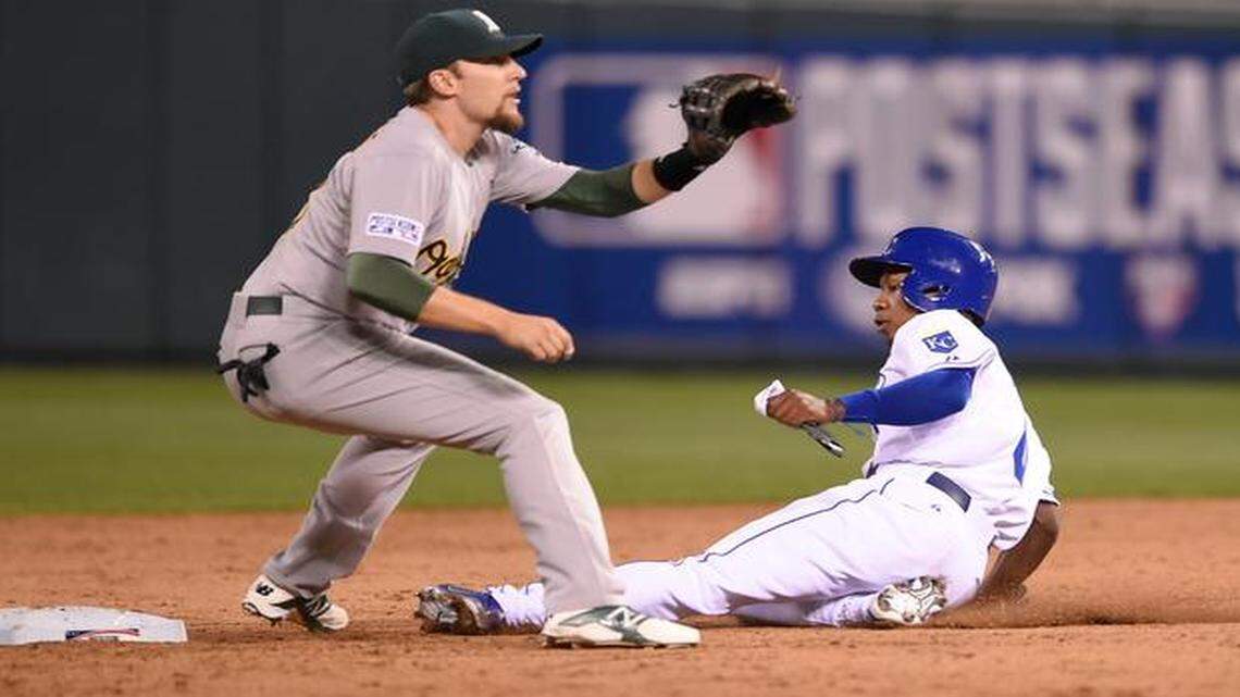 
Terrance Gore stole second ahead of the tag of Oakland’s Jed Lowrie during the eighth inning of Tuesday’s American League Wild Card Game.


