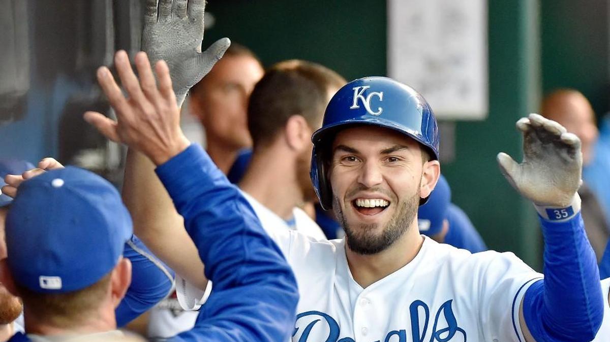 
Royals first baseman Eric Hosmer was congratulated by teammates in the dugout after he scored inthe eighth inning Saturday.
