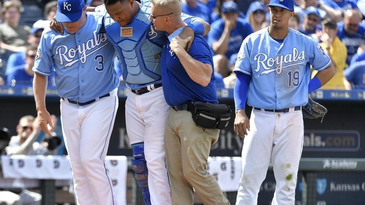 Royals catcher Salvador Perez had to be helped off the field May 28 after sustaining a left quadriceps contusion, but he was back in the lineup Saturday against Cleveland.