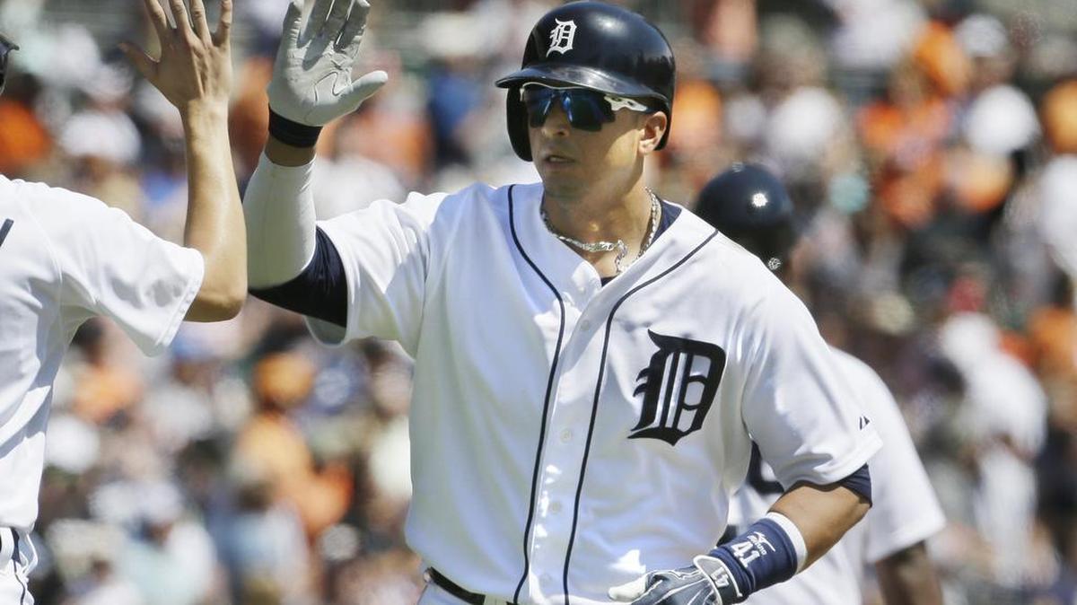
Detroit Tigers designated hitter Victor Martinez was congratuled after his two-run home run off Royals starting pitcher Yordano Ventura.
