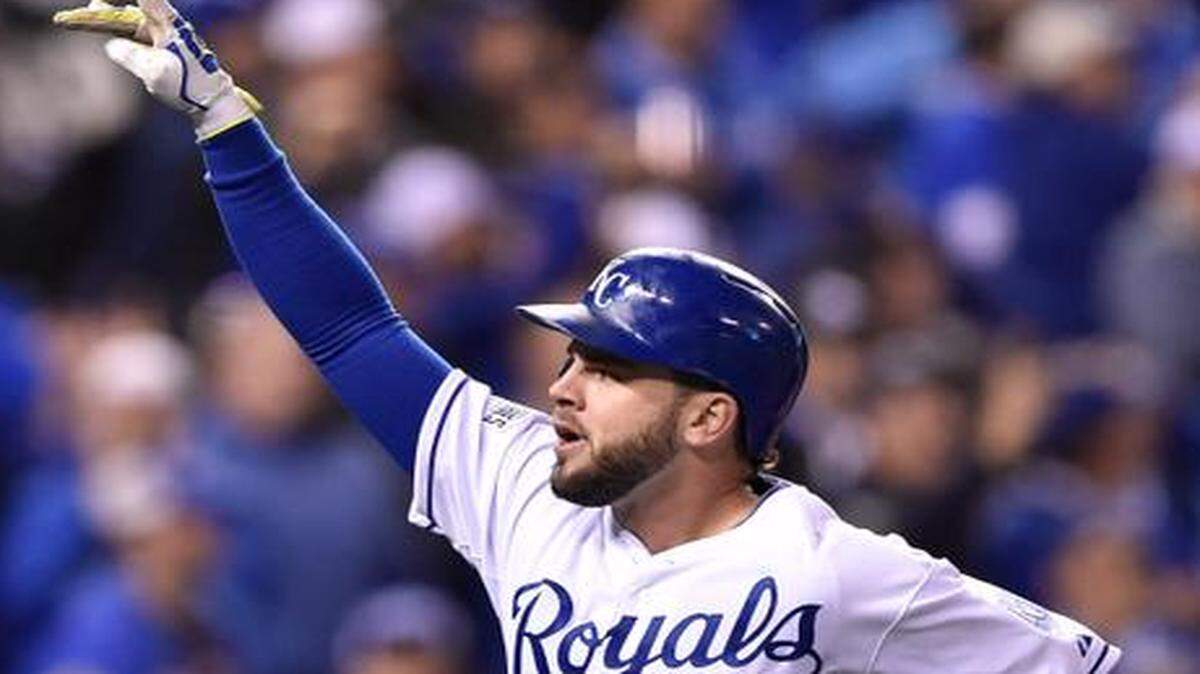 
Mike Moustakas celebrated Tuesday after hitting a solo home run in the seventh inning.


