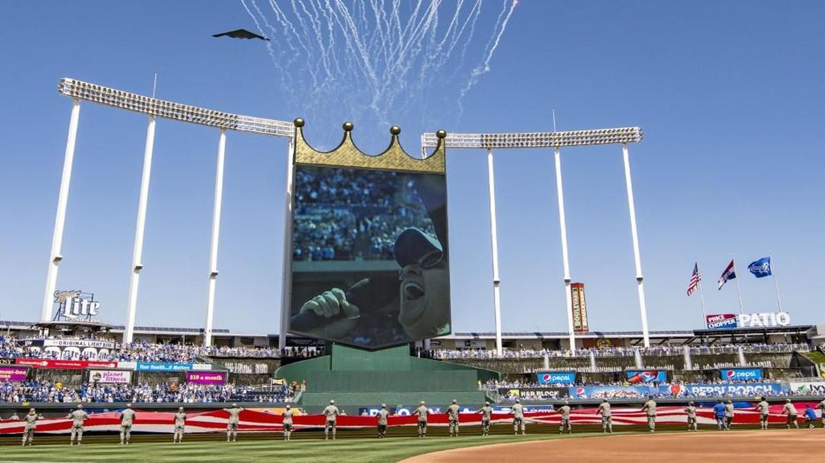 Melissa Etheridge sang the national anthem as a B-2 stealth bomber did a flyover on Monday at Kauffman Stadium before the start of the game between the Kansas City Royals and Oakland Athletics.