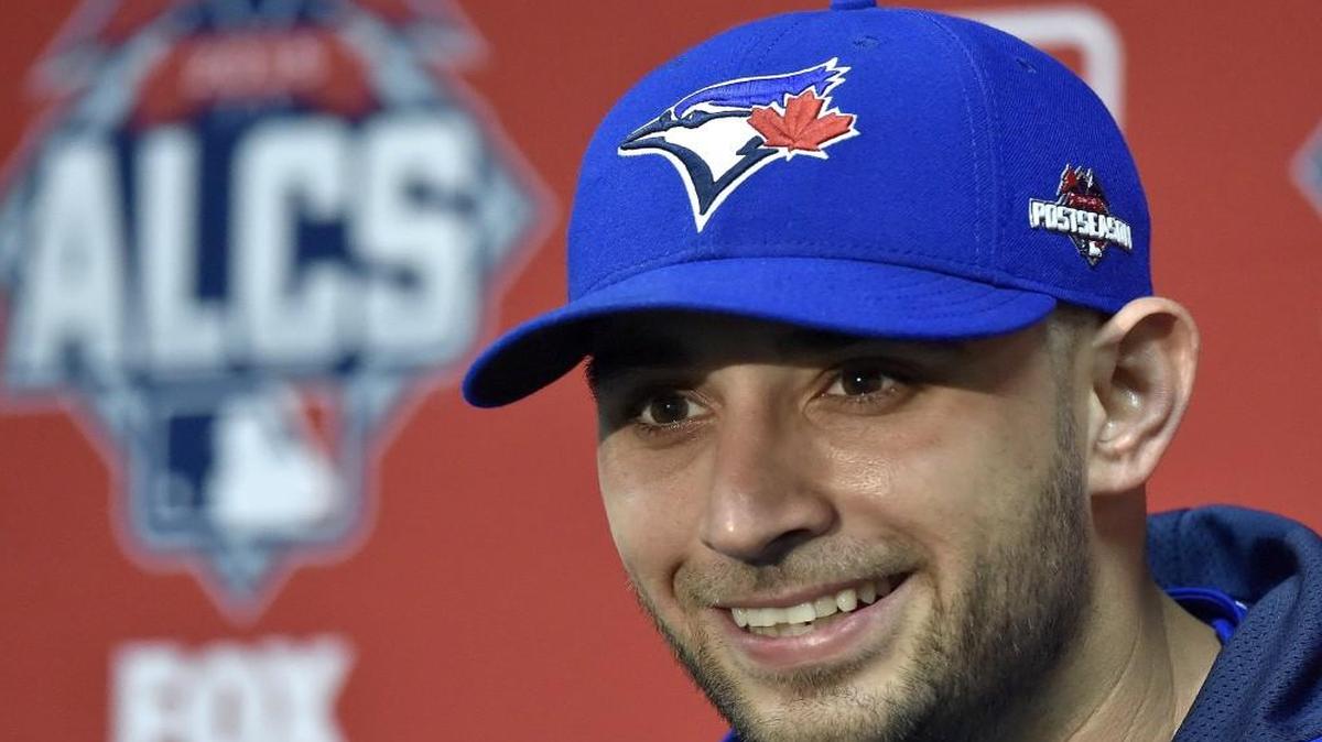 
Toronto Blue Jays starting pitcher Marco Estrada during Thursday’s news conference at Kauffman Stadium.
