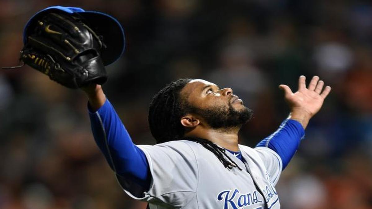 
Royals starter Johnny Cueto reacted in exasperation as he walked off the field after getting the third out against the Orioles in the fifth inning Sunday night in Baltimore. Cueto surrendered four home runs in 6 
1/3
 innings as the Royals lost to the Orioles.
