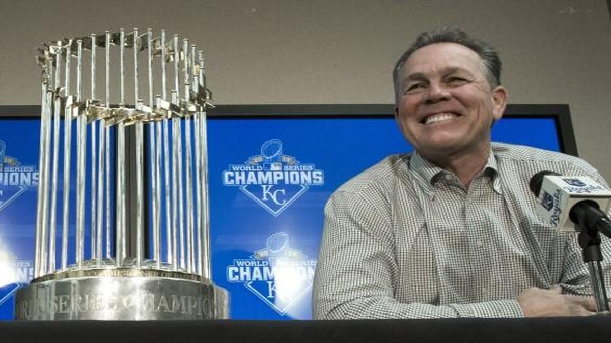 Royals general manager Dayton Moore and manager Ned Yost smiled during Thursday's season-ending press conference at Kauffman Stadium.