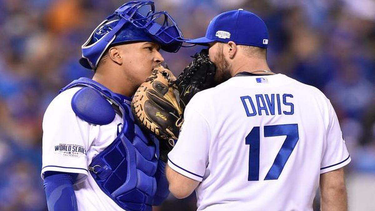 
Kansas City Royals catcher Salvador Perez and Kansas City Royals relief pitcher Wade Davis met on the mound in the eighth inning in game seven of the World Series.
