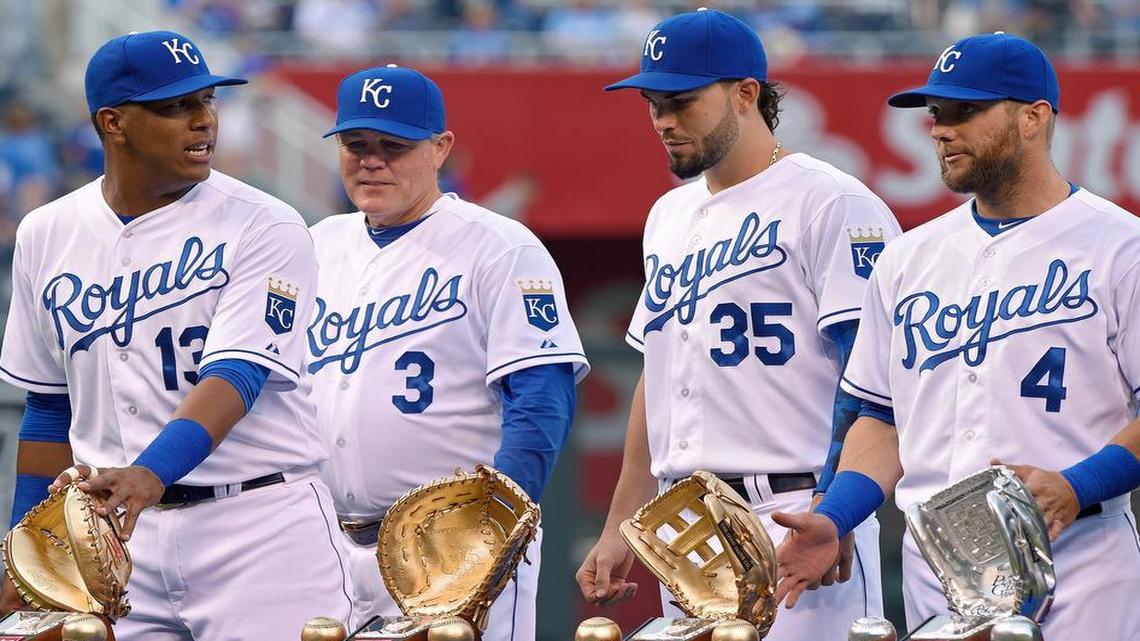 
Joined by manager Ned Yost (4), Royals catcher Salvador Perez (13), first baseman Eric Hosmer (35) and left fielder Alex Gordon (4) received their 2014 Gold Glove awards April 17 at Kauffman Stadium. Now, Perez, Hosmer, Gordon and shortstop Alcides Escobar will start for the American League All-Stars, managed by Yost, in the 2015 All-Star Game on July 14 at Great American Ball Park in Cincinnati.
