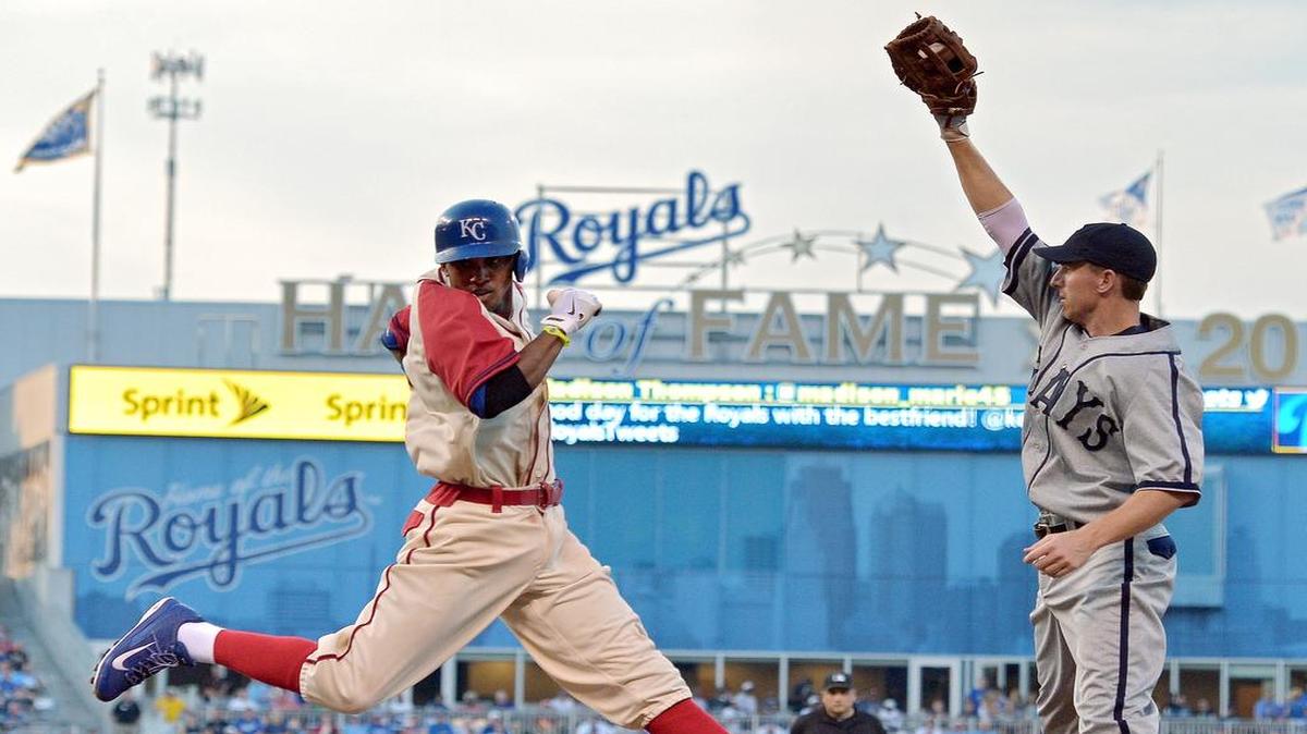 
Royals shortstop Alcides Escobar wore a Kansas City Monarchs jersey and Washington Nationals first baseman Adam LaRoche wore a Homestead Grays jersey when the two teams played on Aug. 24, 2013, at Kauffman Stadium.