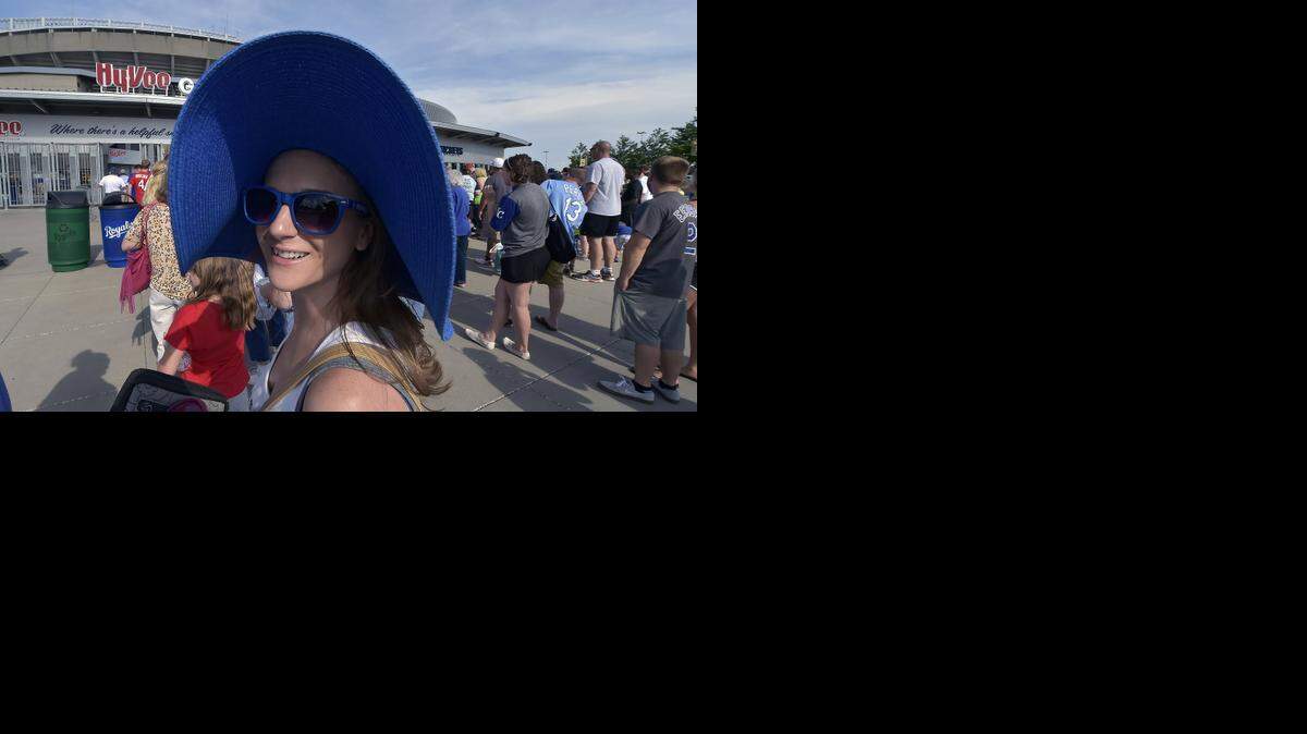 
Julie Smith, from Liberty, Mo, brought out the Kansas City Royals blue big floppy hat as she waited in line to enter Kauffman Stadium for Friday's baseball game against the Seattle Mariners on June 20, 2014 in Kansas City, Mo.

